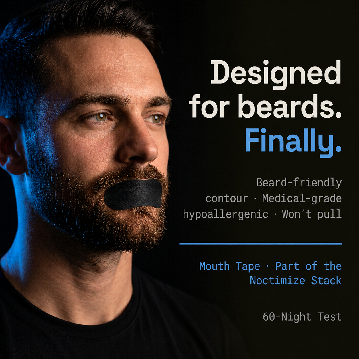 Man with beard wearing Noctimize mouth tape